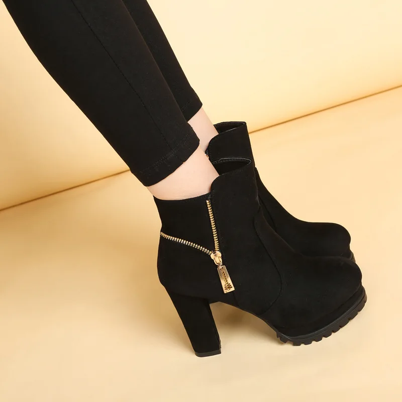 OL Fashion Boots Pumps For Women Office Shoes 2023 Thick Platform Flock Autumn Winter Warm Shoes Short Boots Female Ankle Boots