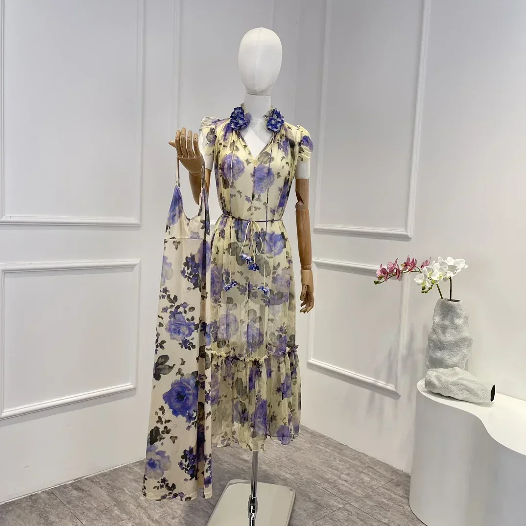 

2023 Silk Top Quality New Beach Style Summer Floral Print Appliques Sleeveless Frill Bouncing Woman Midi Casual Dress