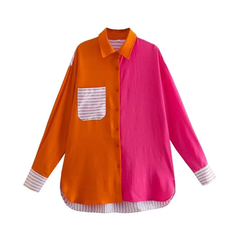 

Autumn New Women's Cardigan Lapel Loose Striped Contrast Color Stitching Curved Blouse Shirts Tops