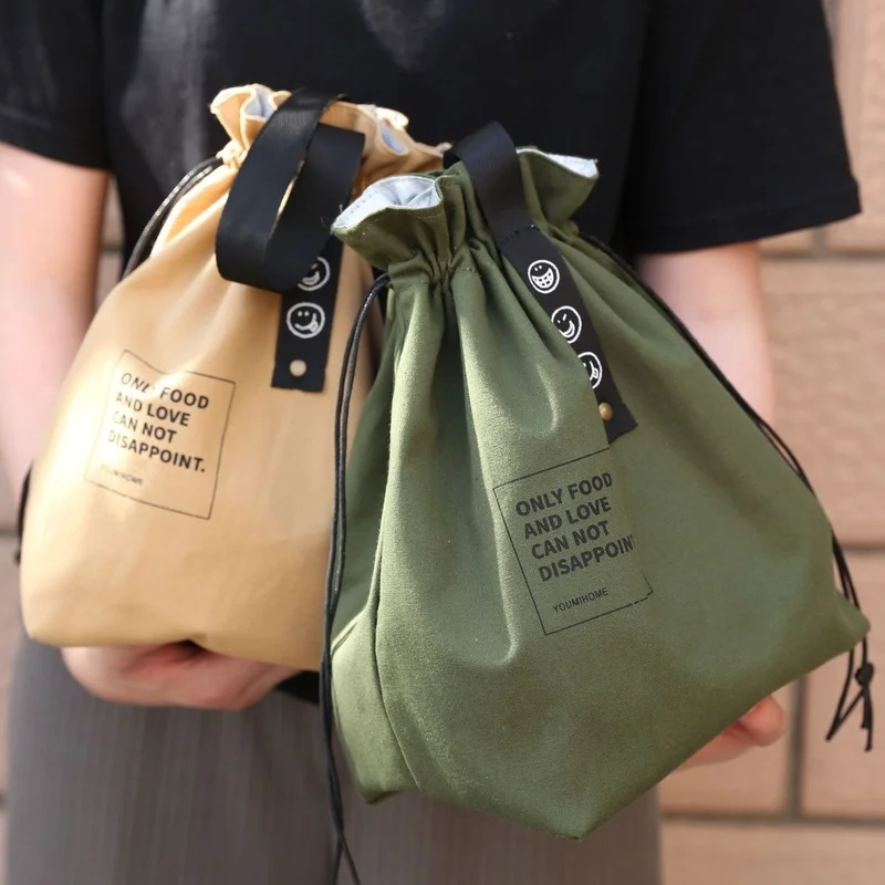 

Industrial Style Canvas Portable Lunch Box Bag Bento Bag Nordic Minimalist Ins Beam Mouth Letter Ribbon Insulation Meal Bag Item