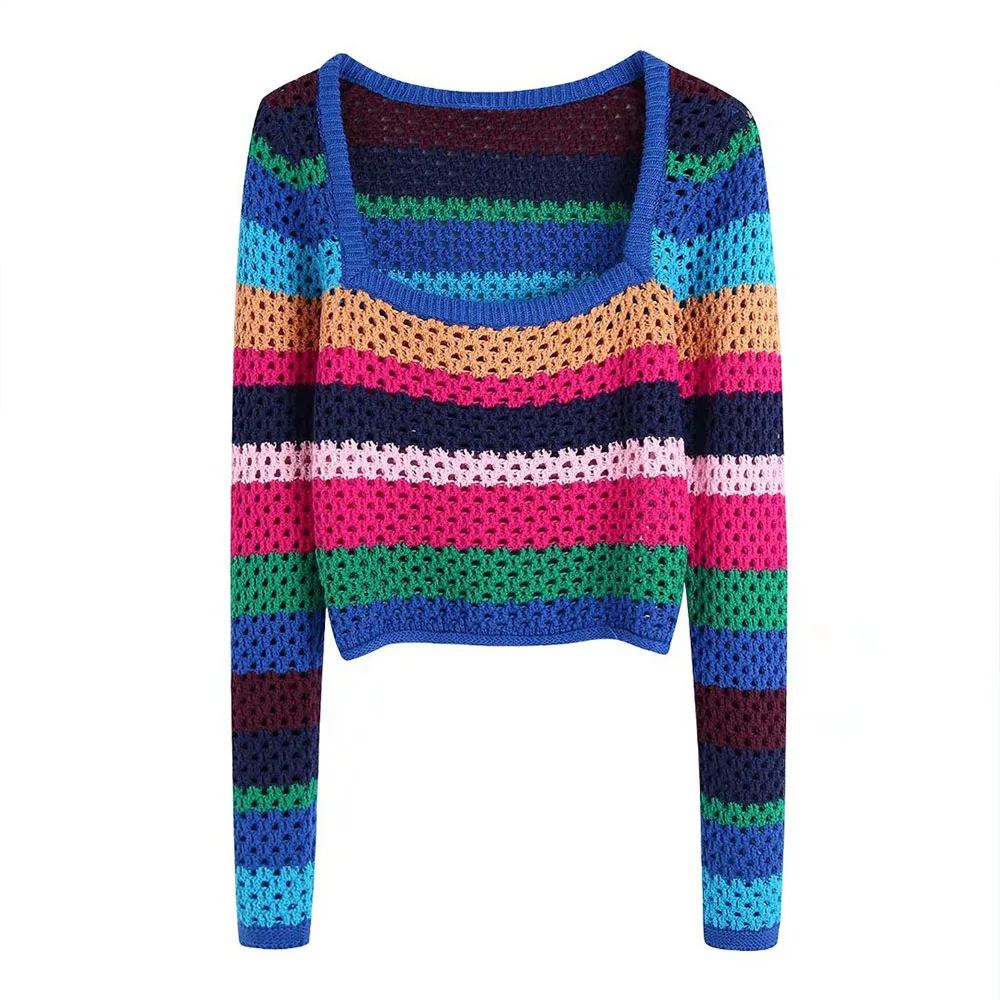 

2022 new women's fashion hollow short striped knitted vest sweater retro square collar long sleeve pullover women's chic top