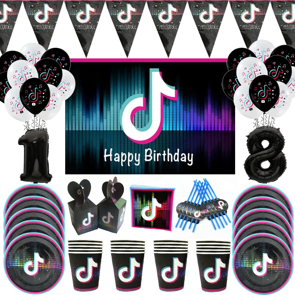 Music Tik Party Theme Party Decorations Balloon Banner For Kids Like Music Cake Topper Birthday Party Supplies Paper Plates Cups