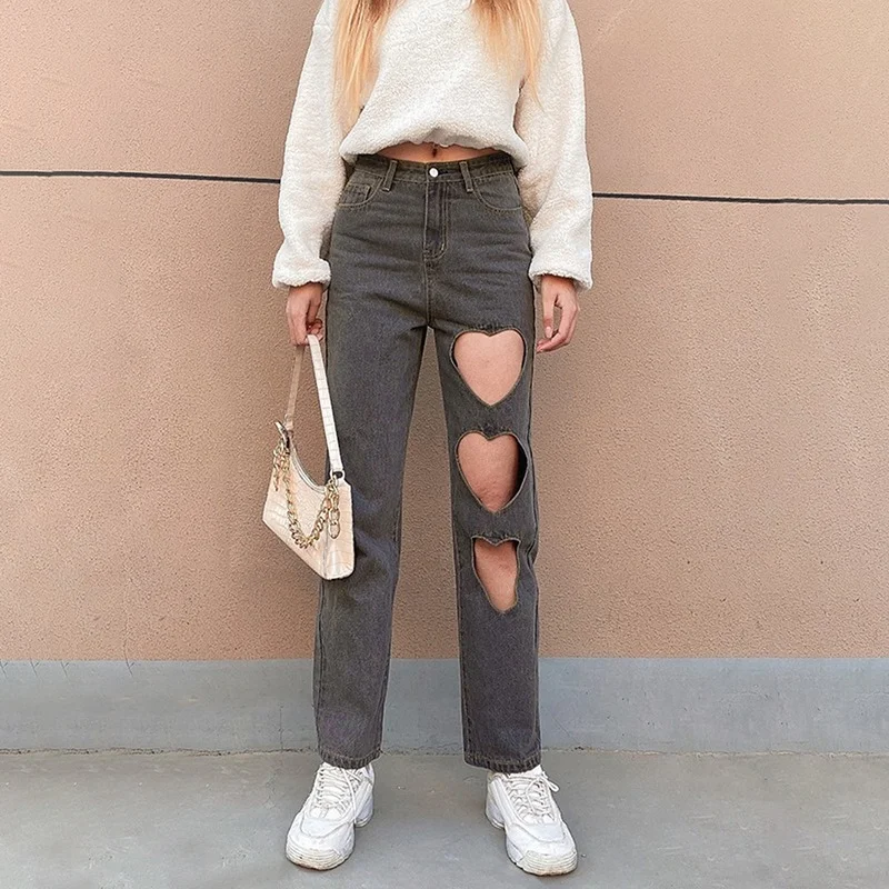 Women High Waist Denim Summer Pants 2021 Indie Aesthetics Heart Shape Hollow Out Baggy Jeans Y2k Streetwear Trousers 90s Clothes