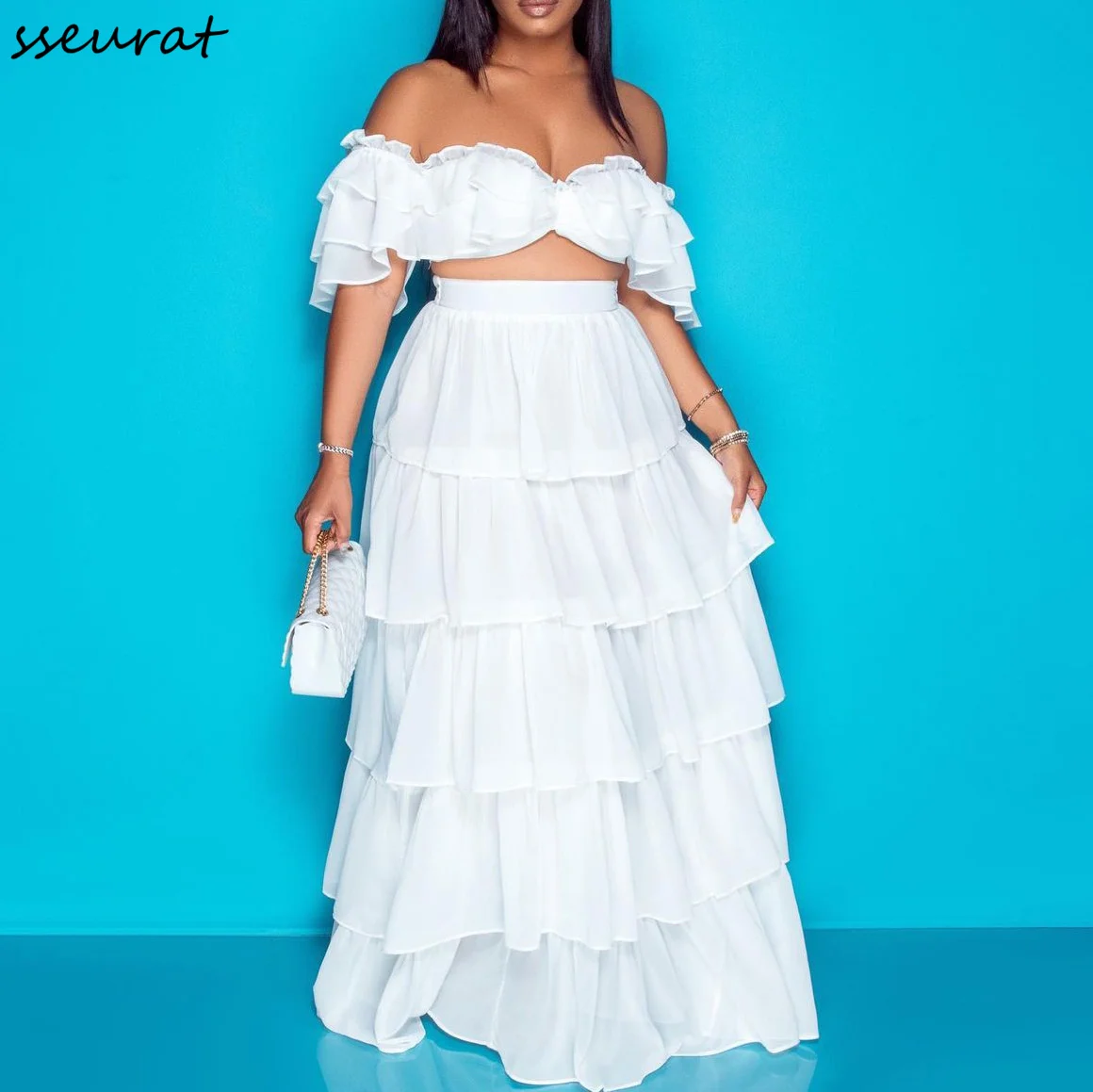 

Женский летний комплект из двух предметов, Привлекательный Топ с оборками и коротким рукавом и открытыми плечами и юбка, 2022