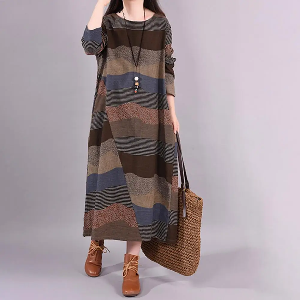 

Chic Autumn Dress Skin-touch Vacation Dress Long Sleeve Autumn Winter Striped Contrast Color Loose Maxi Dress Warm