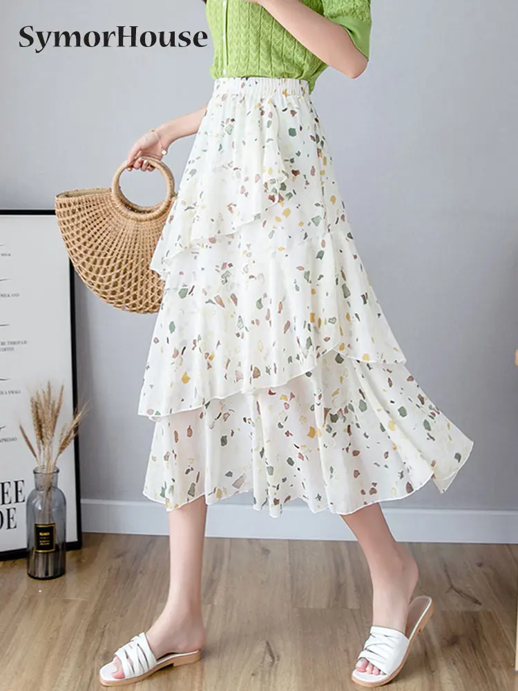 

New Printed Skirt Women 2022 Summer High Waist Elastic Long Green Elegant Chiffon A Line Skirt Laides Faldas
