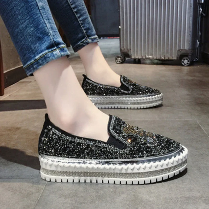 Autumn Women Thick Bottom Sneaker Running Fashion Designer Woman Shoes Trend 2023 Casual Canvas Mirror Luxury Rhinestone Spring