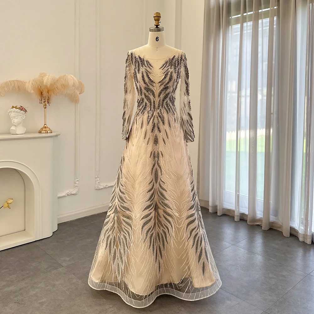 Jancember Beading Floral Tulle Evening Costume 2023 Luxury Long Sleeve Formal Prom Dresses For Wedding Party Gown SCZ064