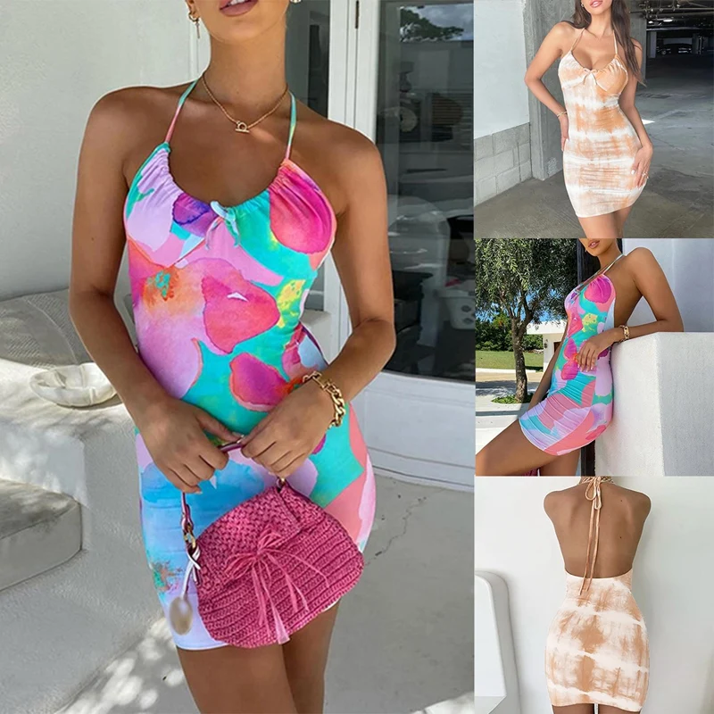 

Colorful Beach Tie Dye Flower Halter Dresses Bodycon Backless Sleeveless Printing Casual Female Mini Dress