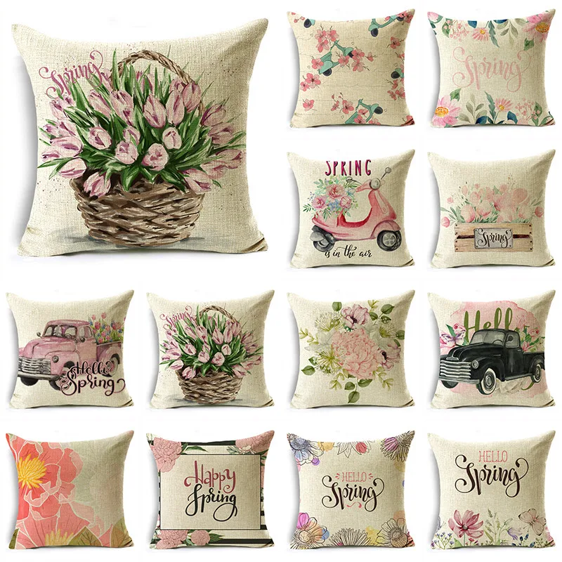 

Pink Rose Basket Vintage Car Spring Flower Throw Pillowcase Home Sofa Office Bedroom 40*40cm/45*45cm/50*50cm