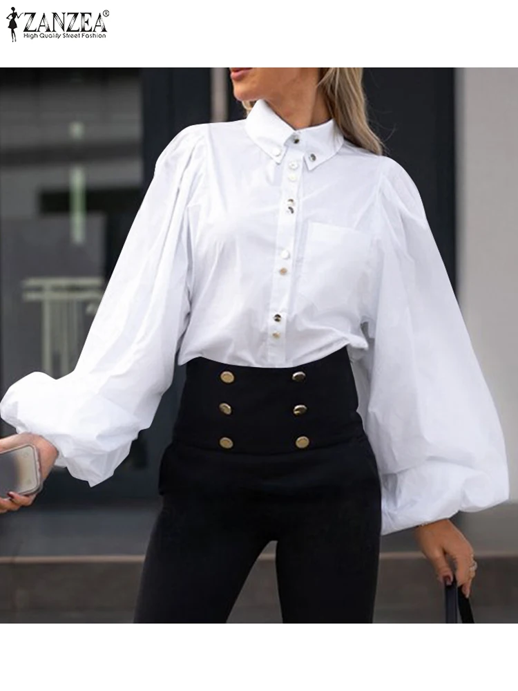 

ZANZEA Lapel Puff Sleeve White Blouses Button Down All-match Solid Color Commute Women Shirts Fashion 2023 Spring Pocket Tops