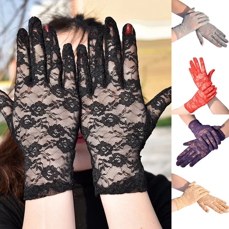 

Women Sexy Lace Short Tulle Gloves Elegant Lady Summer Ultra-Thin Gloves Ultra Thin Floral Stretchy Gloves Full Finger Mittens