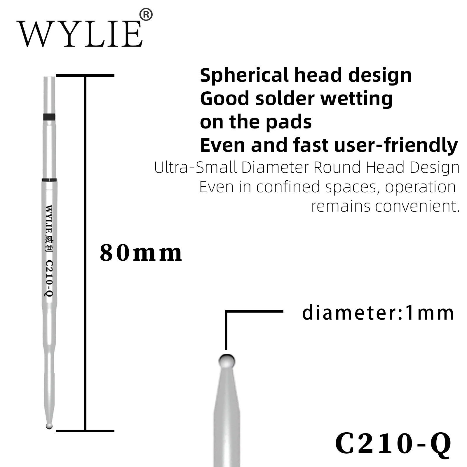 Фото WYLIE C210-Q Сферический паяльный наконечник 80 мм, нагревательный элемент, совместим с рукояткой T210, подходит для ремонта логических плат мобильных телефонов и BGA. №2