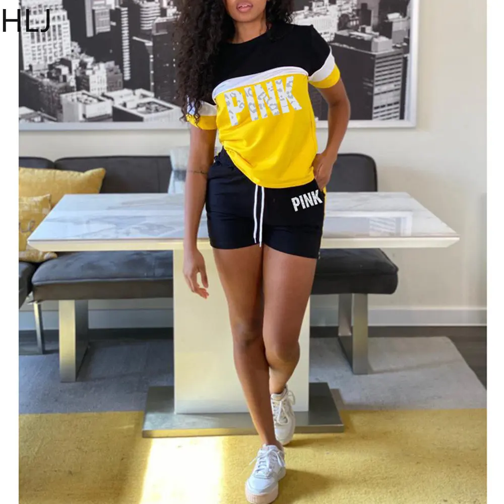 

HLJ Casual Color Patchwork Shorts Sets Women PINK Letter Print Round Neck Top + Shorts Two Piece Outfits Female Sport 2pcs Suits