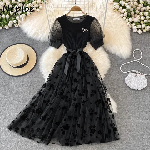 Neploe вязаное мини-платье с галстуком-бабочкой и круглым вырезом для женщин, сетчатое марлевое пышное платье, элегантное темпераментное платье, Vestido Feminino