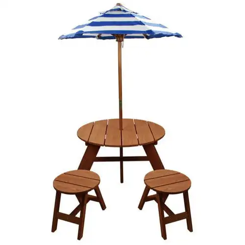 

Brown Wood Round Table with Umbrella and 2 Chairs