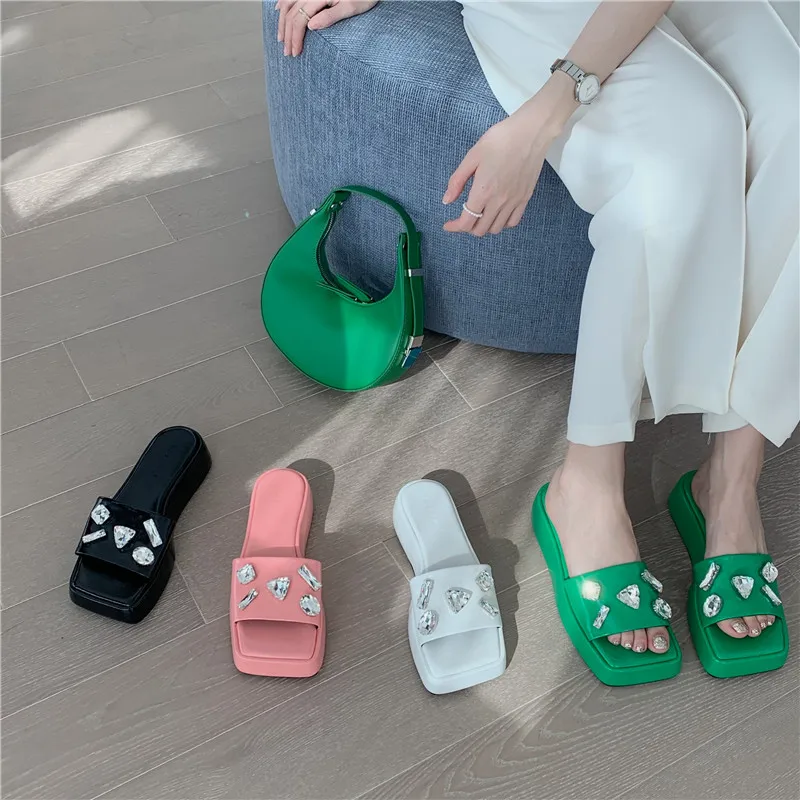 

2022 summer new fashion outer wear wedge heel thick bottom muffin slippers one word belt all-match flat bottom slippers women