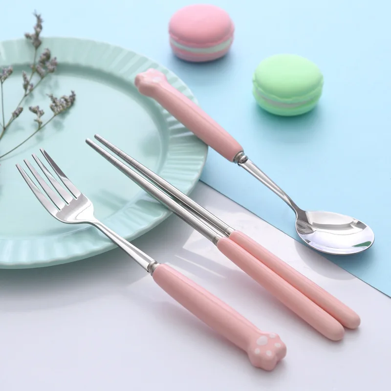 

2/3pcs Cute Cat Claw Spoon Fork Chopsticks Set with Storage Box Stainless Steel Coffee Snacks Fruit Dessert Fork Spoon Kitchen