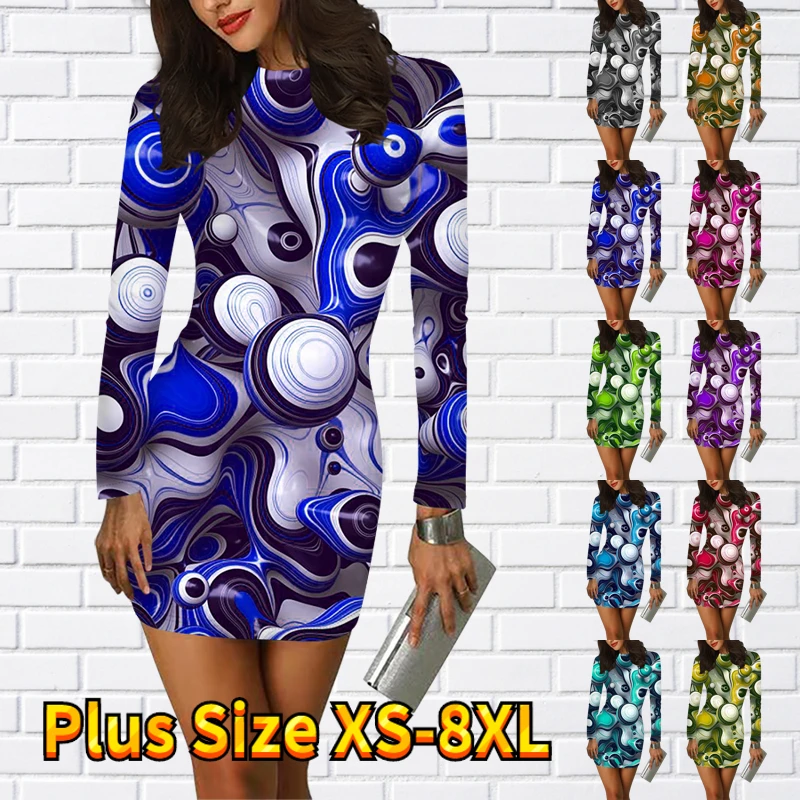 

Женская мини-юбка с круглым вырезом, длинным рукавом и принтом