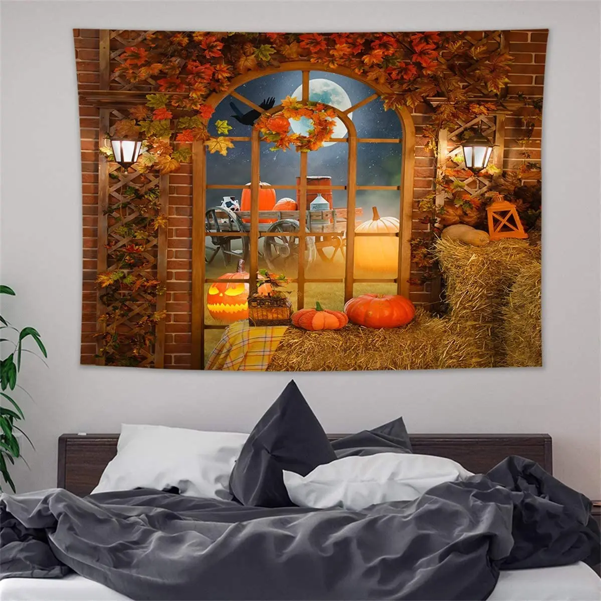 

Thanksgiving Pumpkin Tapestry Wall Hanging Farm Haystack And Orange Maple Leave Halloween Crow Full Moon For Bedroom Living Room