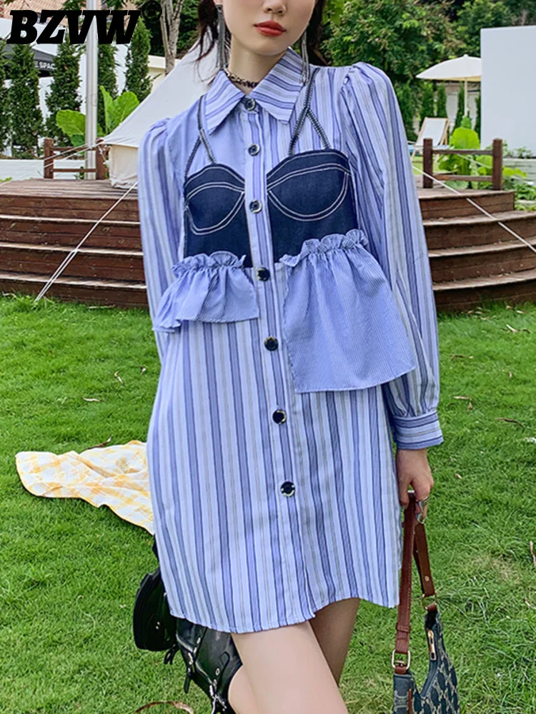 

Платье BZVW с оборками неправильной формы, дизайнерское Полосатое платье-рубашка для женщин, платье с длинным рукавом для женщин, Новинка лета 2023, 25Y0822