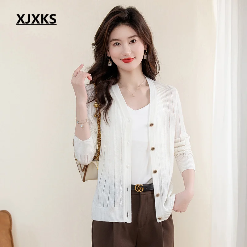 

XJXKS Spring Autumn Fashion V-neck Single-breasted Cardigan Women's Sweater Jacket 2023 Summer New Stretch Sunscreen Tops