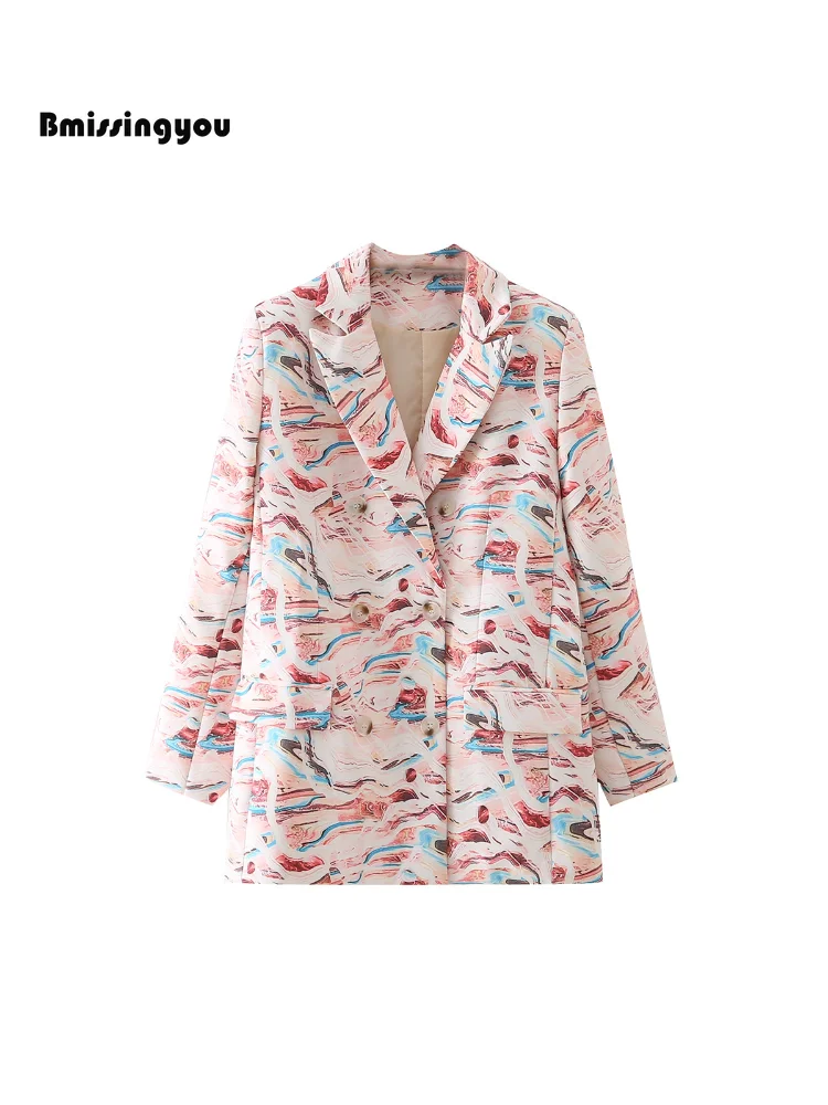 

Bmissingyou Pink Print Women Blazer Coat Double Breasted Flap Pocket Suit Jacket 2023 New Loose Outwear Chic Ladies Tops