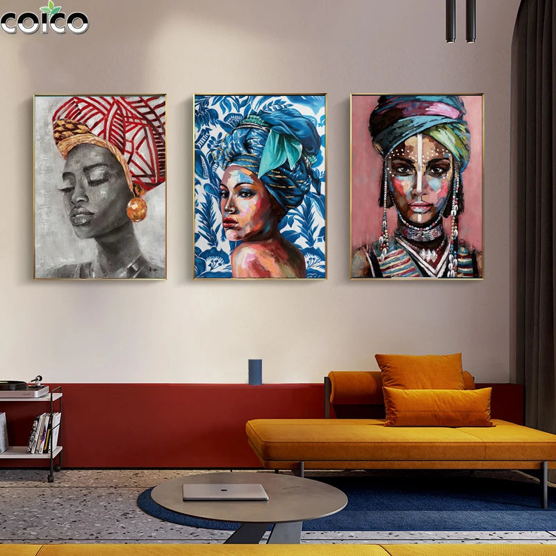 

African Black Woman Wall Art Poster Prints Canvas Print Graffiti Turban Girls Oil Painting Abstract Figure Picture Home Decor