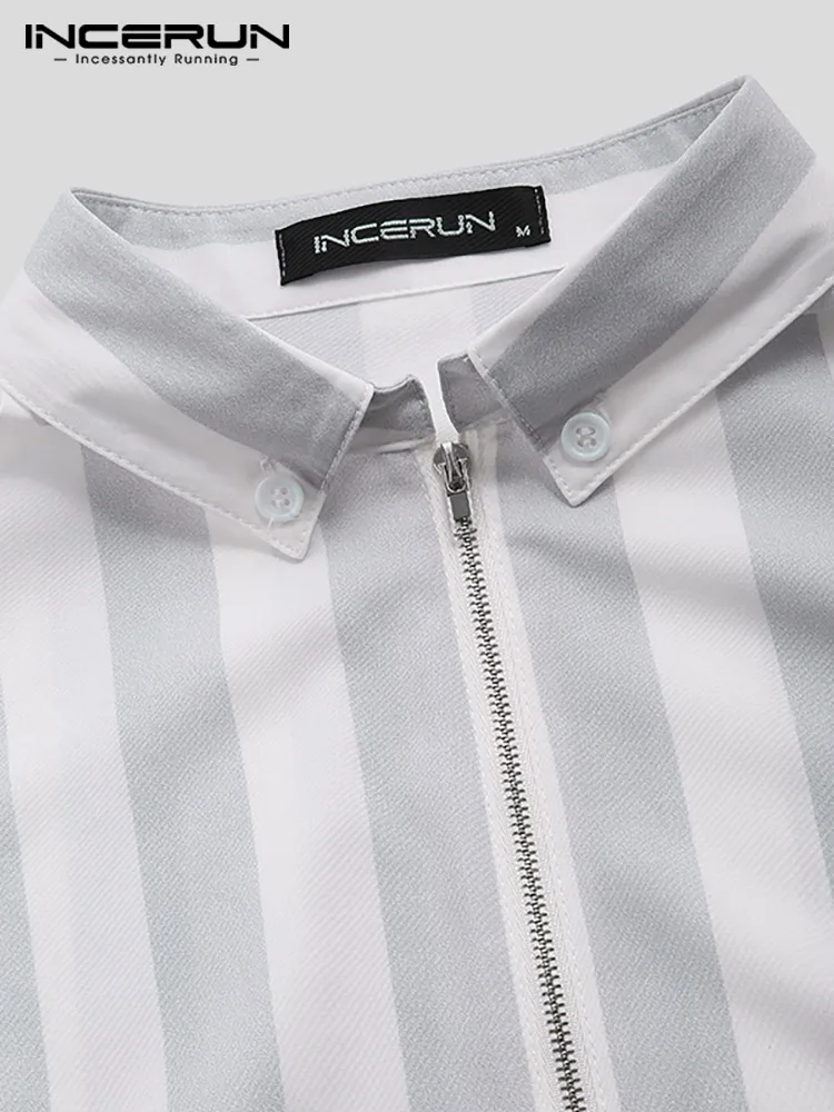 2022 New Men's Fashion Trend Long Sleeve Striped Zipped Shirts Streetwear Elegant Pullover Mens Blouse INCERUN Camisa Masculina