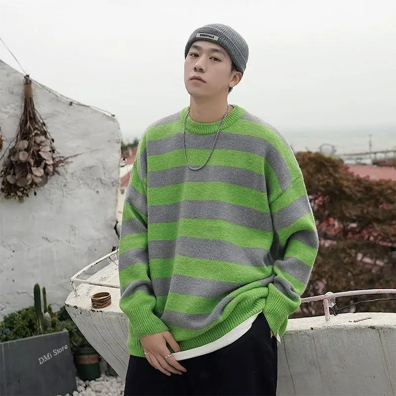DIMI Winter New Woman Casual Pullovers Korean Streetwear Male Fashion Warm Clothing Men's Loose Stripe Sweaters