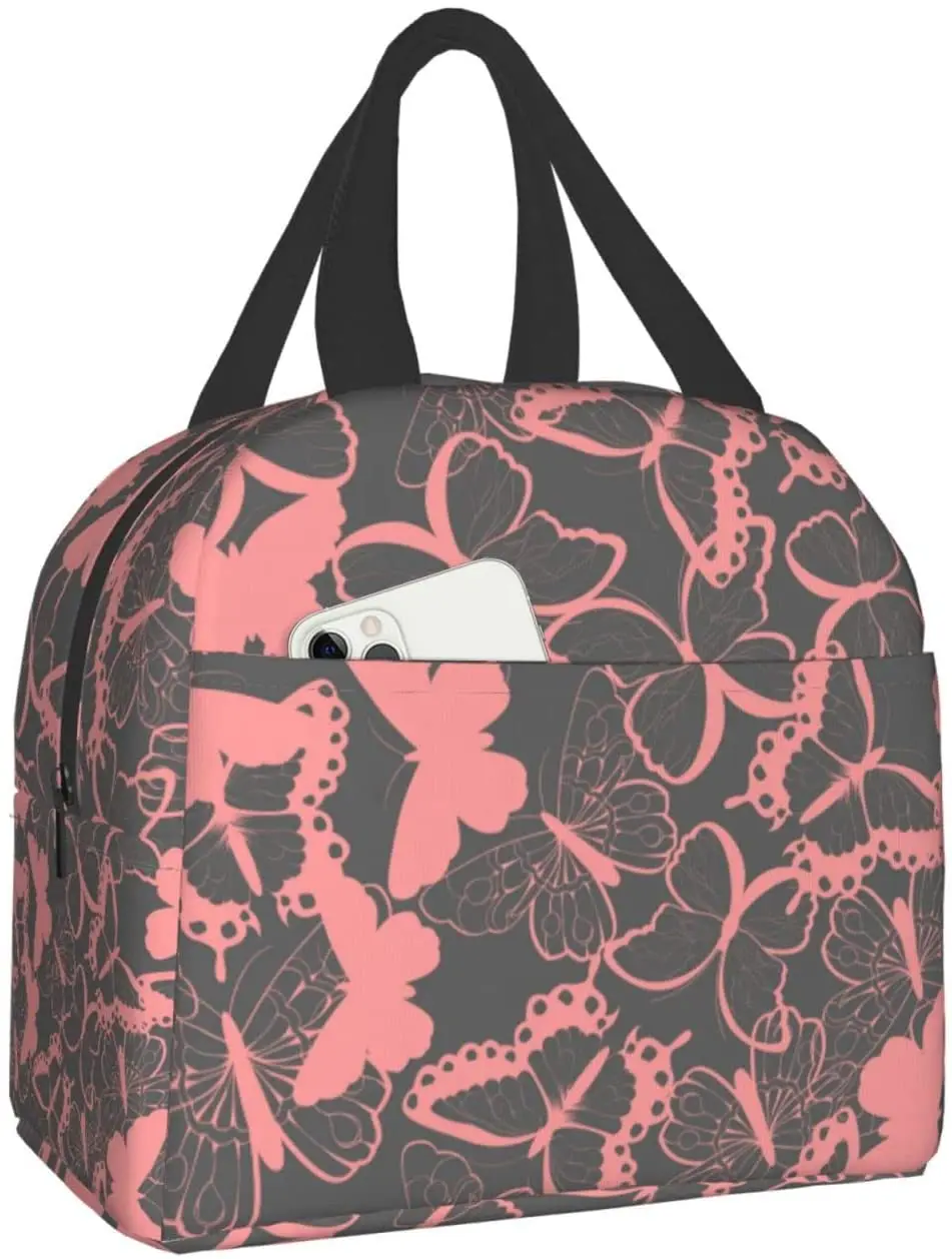 

Butterflies Pink And Gray Lunch Bag Travel Box Work Bento Cooler Reusable Tote Picnic Boxes Insulated Container Shopping Bags