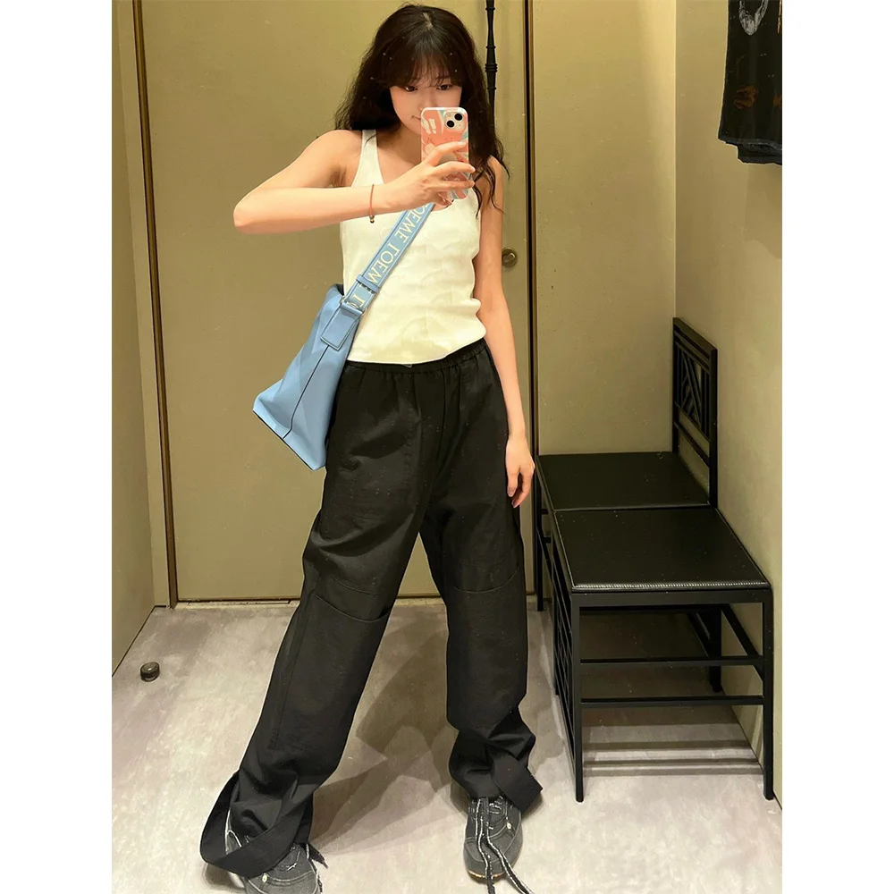 

23 years new nine points drawstring leg work trousers female thin hundred loose straight casual trousers