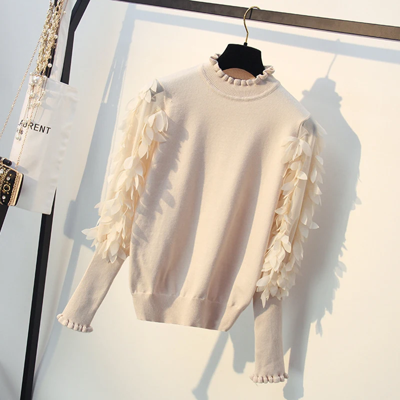 

Ruffled Collar Knitted Women Sweater Spring Autumn Loose Jumper Fashion Flowers Sleeves Sweater and Pullover Femme Pull