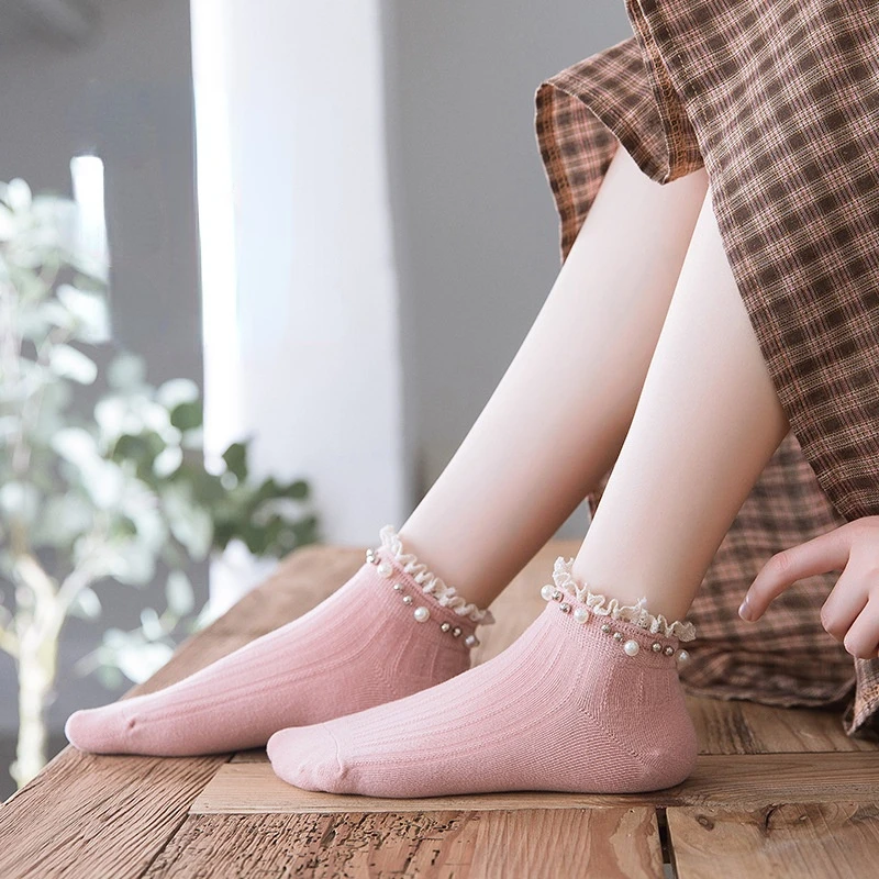 (2 pairs) spring and autumn socks women's Korean version all-match socks Japanese pearl lace socks