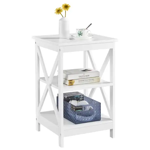 

3 Tier Wood X Shape Square End Table Storage Cabinet, White