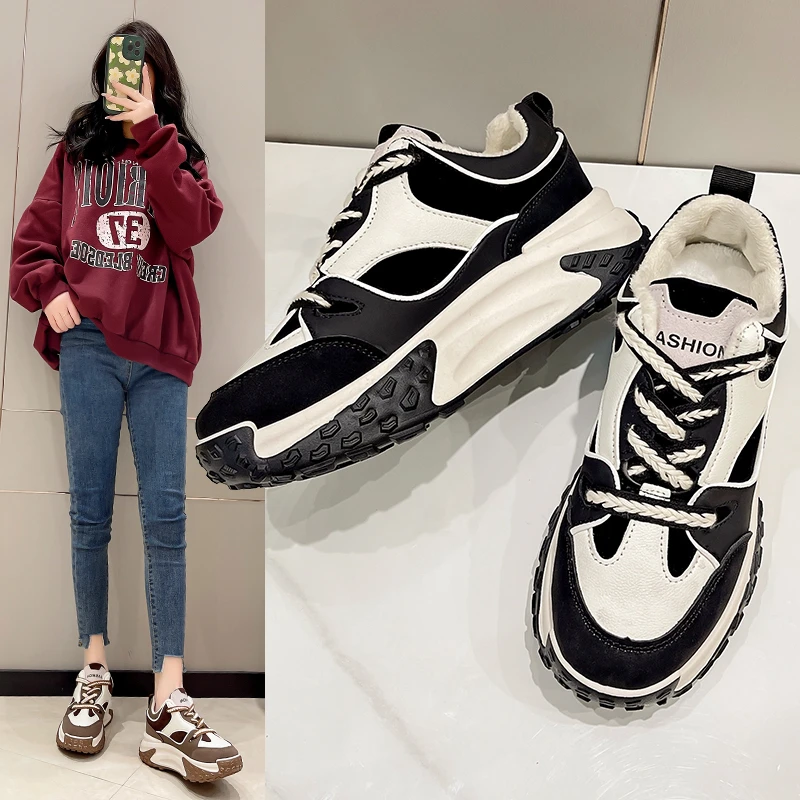 

Women Platform Sneakers Skateboard Shoes 2023 Spring Lightweight Platform Shoes Round Toe Chunky Lace Up Shoes Female