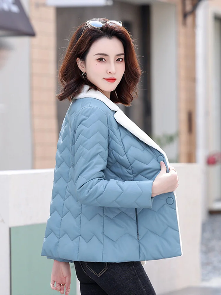 New Women Short Leather Down Coat Autumn Winter Casual Fashion Lamb Wool Turn-down Collar Slim Thicken Sheepskin Down Jacket