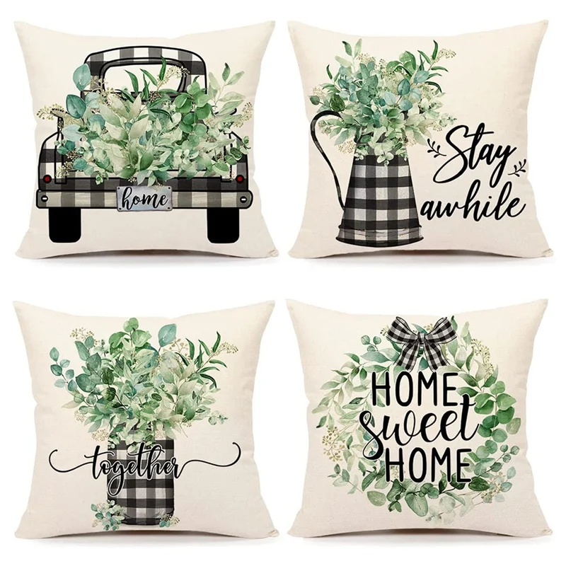 

Buffalo Pillow Covers 18X18 Set Of 4 Eucalyptus Leaves Decorations Farmhouse Throw Pillows Cushion Case For Home Decor