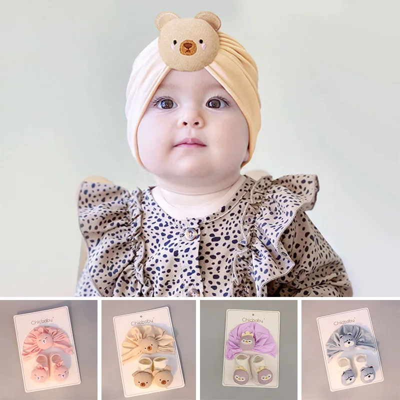 

2Pcs/Set Baby Cute Cartoon Hat Turban Sock Toddler Infant Boys Girls Solid Soft Casual Cap Socks Suit Baby Head Accessories