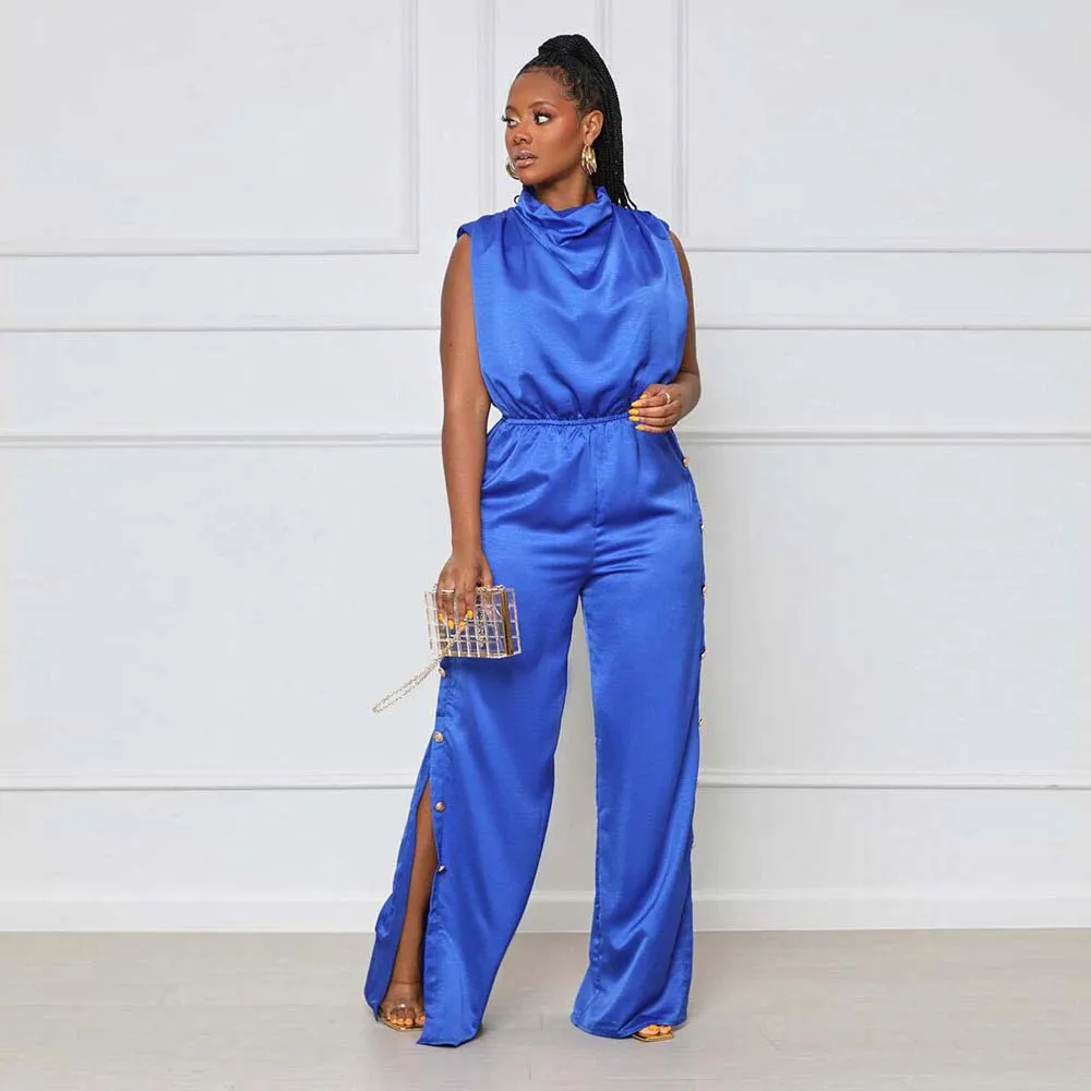 

Jumpsuit Solid Color Sleeveless Pile Collar Slit Jumpsuit Side Button Slit Loose Pants Commuter Jumpsuit African Female 2022