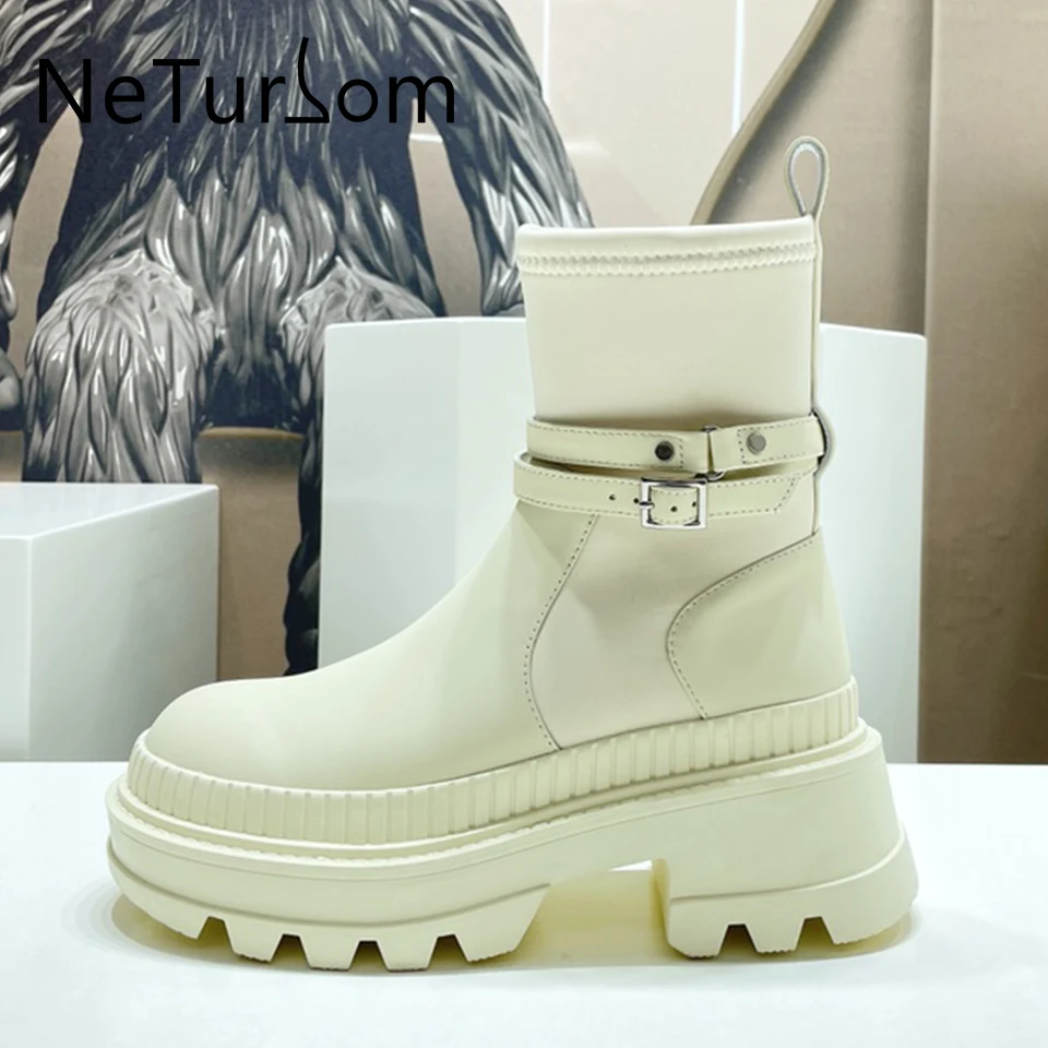 

Spring Autumn Fashion Boots Women's Belt Buckle White Thick Sole Combat Boot Woman Ladies Shoes chelsea botas mujer Rain Boots