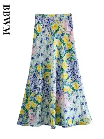 Fashion 2023 High Waist Flower Print Satin Skirt Summer Women Midi A-Line Elegant Skirts Faldas Mujer New Chic Female Half Skirt