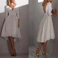 lace satin a line short wedding dresses v neck backless bridal gowns knee length robe de mari%c3%a9e