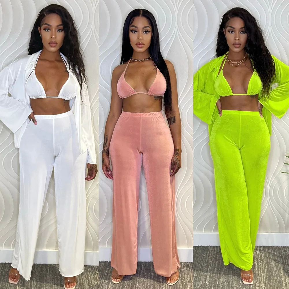 

Summer Casual Three Piece Set Women Fashion Solid Bra Shirt Wide-leg Pants Three Piece Suit Women