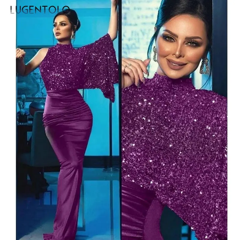 

Женское платье с блестками, сексуальное эластичное однотонное платье с высокой талией, открытой спиной, длинным рукавом и круглым вырезом, новая модная длинная одежда на весну и лето