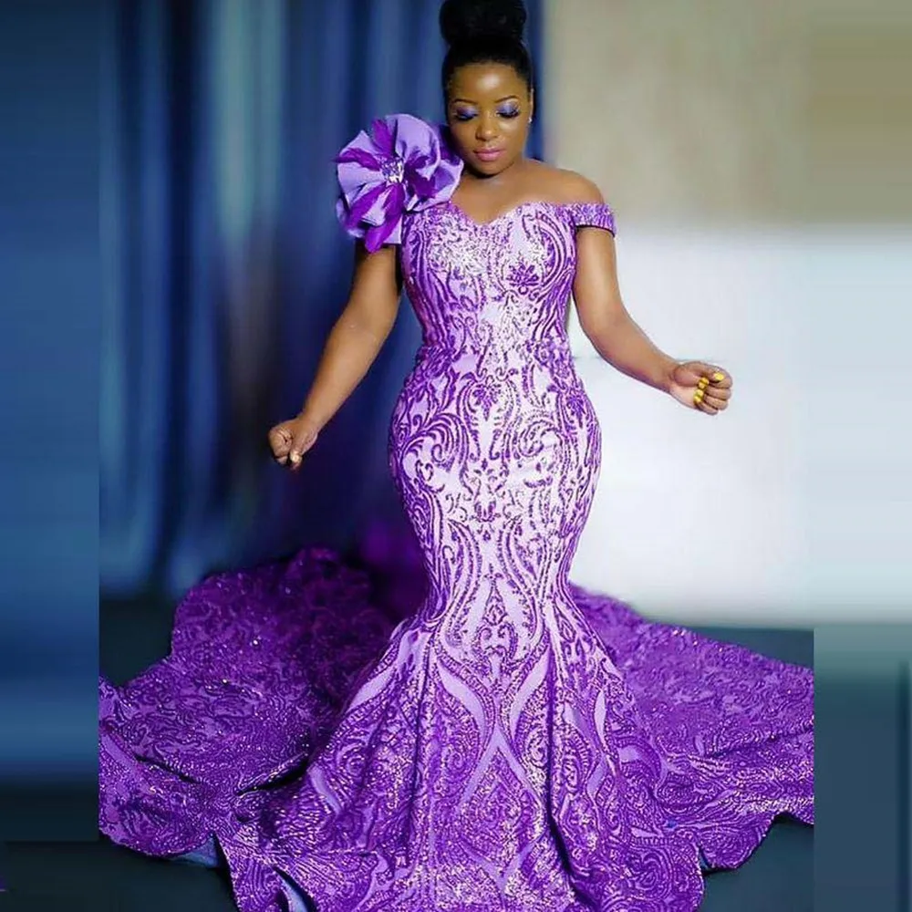 

Блестящее фиолетовое кружевное платье для выпускного вечера с открытыми плечами и цветами, с блестками, черные платья для официальной вече...