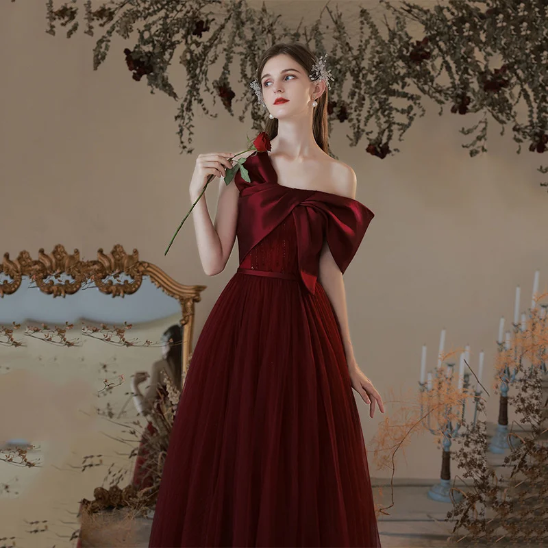 

Satin Wine Red One Shoulder Long Prom Engagement Dresses Formal Evening Dress Elegant Vestidos Verano Gowns For Women New Year