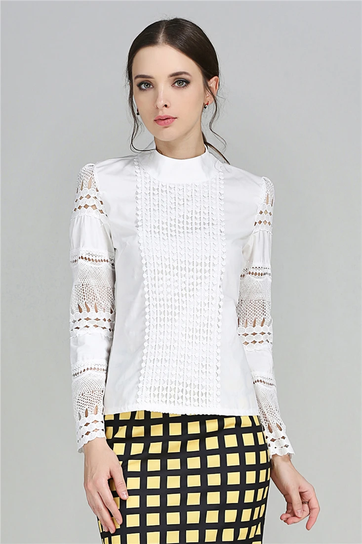 Новая модная женская офисная кружевная блузка рубашка с длинным рукавом Белые