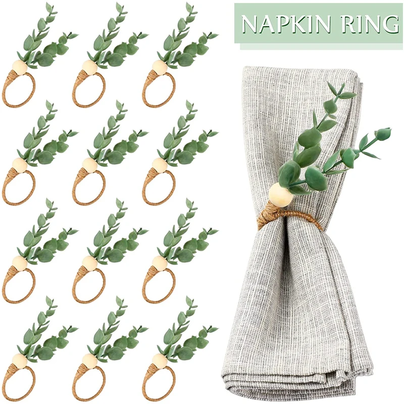 

Handmade Eucalyptus Napkin Rings With Rustic Wood Beads Faux Napkin Rings for Weddings Banquet Christmas Dinner Table Decoration