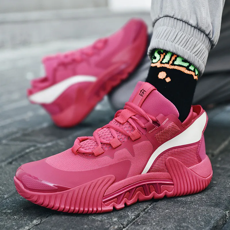 

Men's Pink Sneakers 2022 New Fashion Lace Up Platform Sports Shoes Male Breathable Non-slip Basketball Shoes Plus Size 38-44